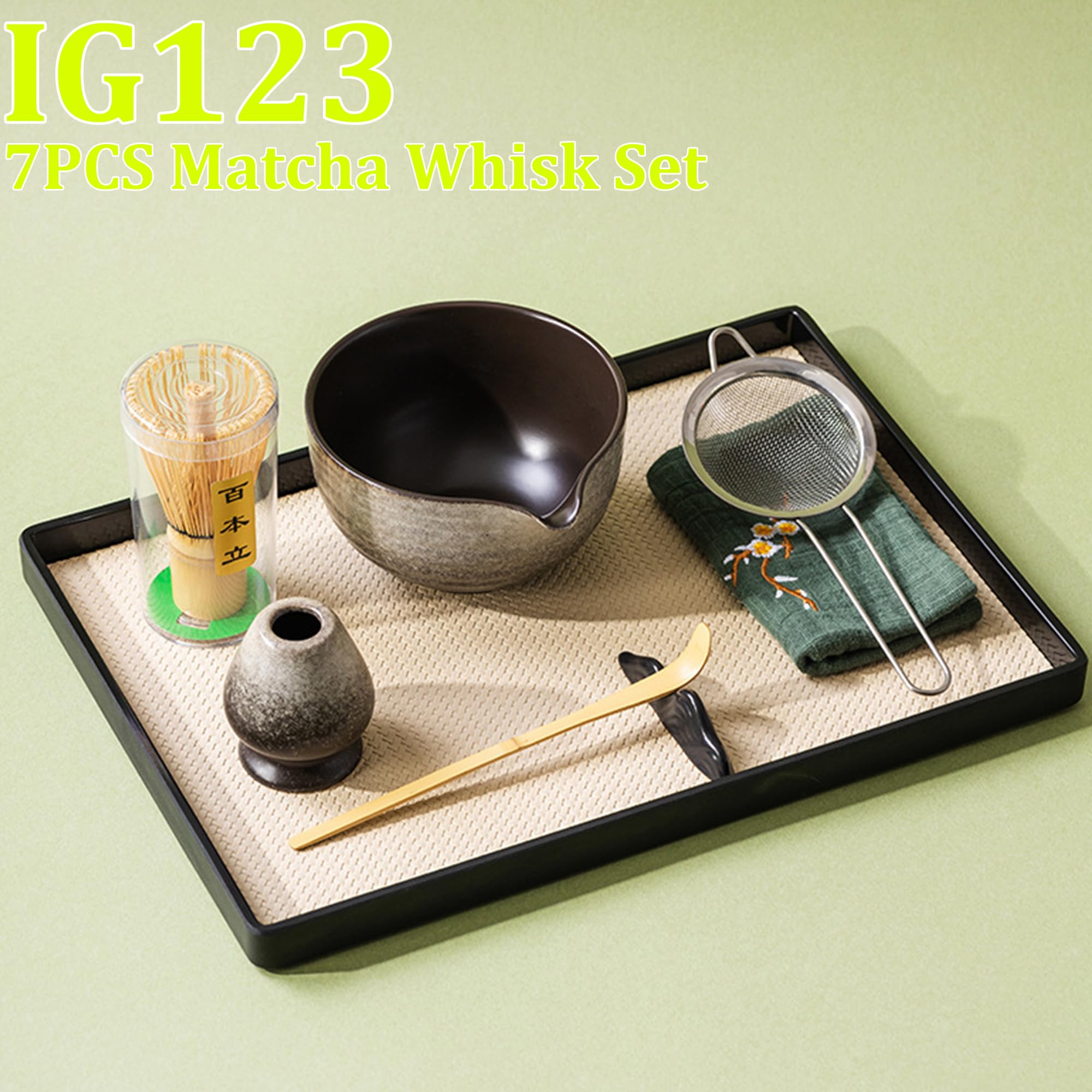 ​​Japanese Matcha Set 7pcs - Ceramic Bowl & Hyaku Hon Tachi Bamboo Whisk (Chasen), Chashaku Spoon, Strainer, Cloth - Traditional Tea Ceremony Kit​
