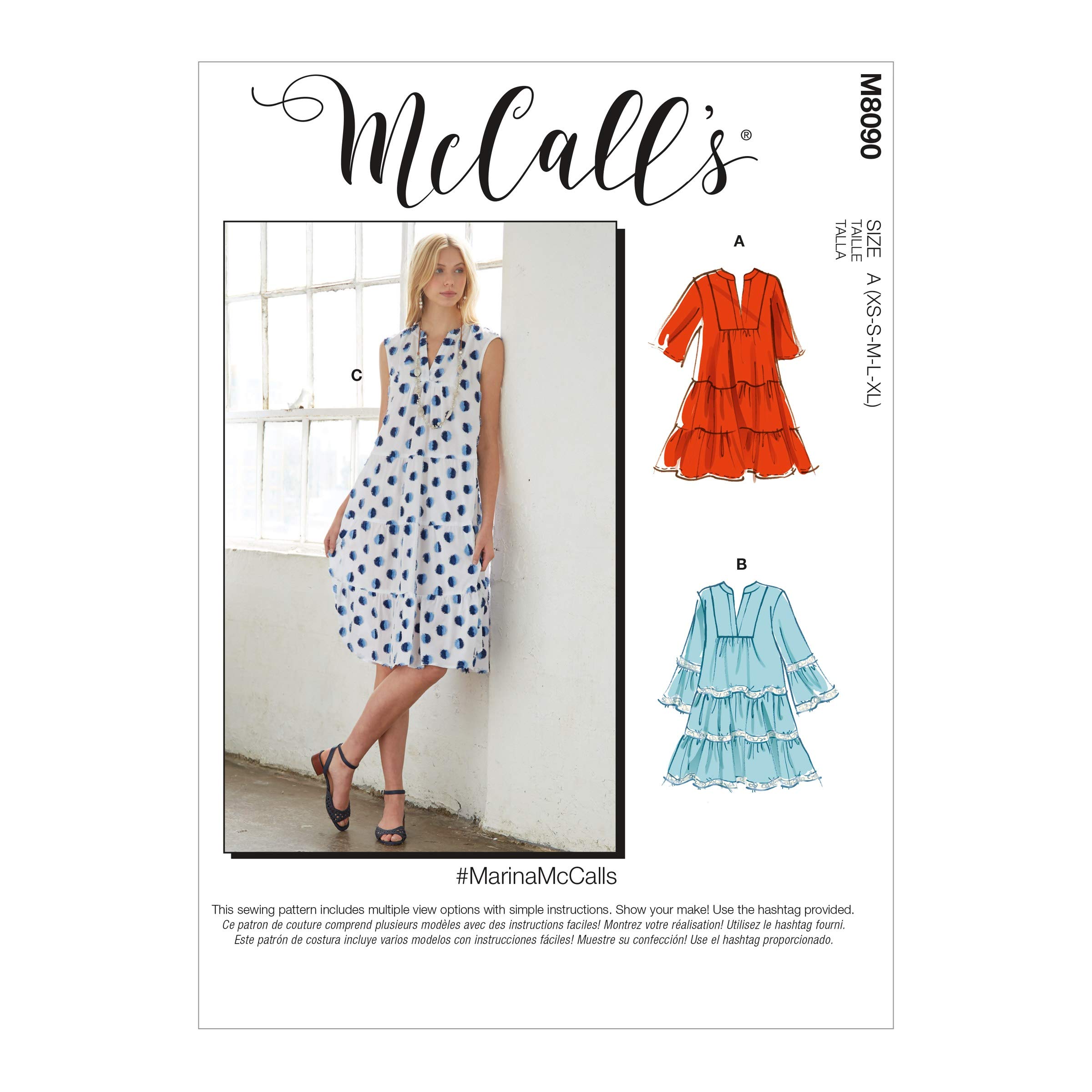 McCall's Misses>Dresses A (XS-S-M-L-XL) Misses' Loose Fitting Dress has Skirt Tiers and Sleeve Variations. B: Lace Trim.