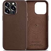 Belemay Compatible with iPhone 12 Pro Max Leather Case, Compatible with MagSafe - Luxury Tumbled Leather - Metal Buttons & Lens Protector - Slim Fit&Durable - Distinctive Texture (6.7-inch) - Brown
