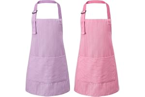 2Pcs Kids Aprons, Adjustable Children's Cooking Aprons with Pockets, Striped Toddler Apron for Cooking Baking Painting