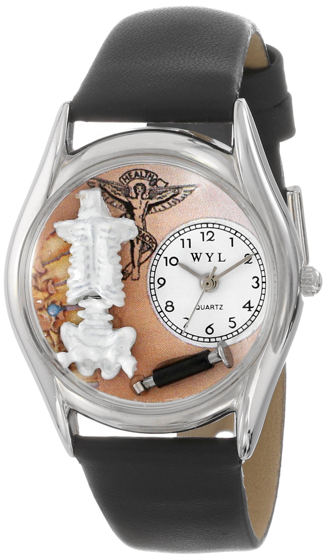 Whimsical Watches Chiropractor Black Leather and Silvertone Unisex Quartz Watch with White Dial Analogue Display and Multicolour Leather Strap S-0610009