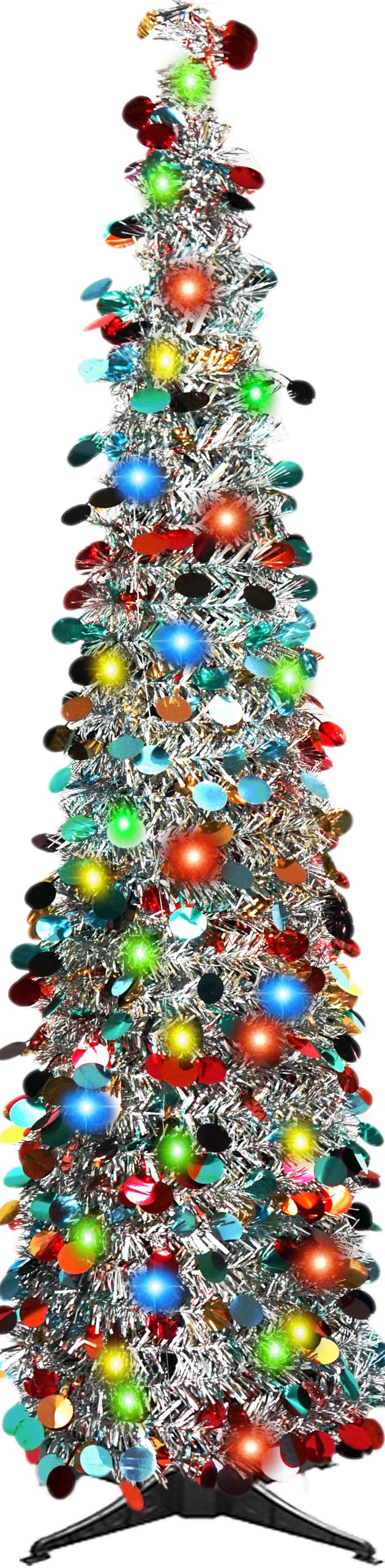 WINOK 5 FT Collapsible Artificial Christmas Tree, Collapsible Pop Up Christmas Tinsel Tree with 100 Color Lights, Tinsel Christmas Tree for Home Party Indoor Outdoor Xmas Decoration (Colorful Silver)