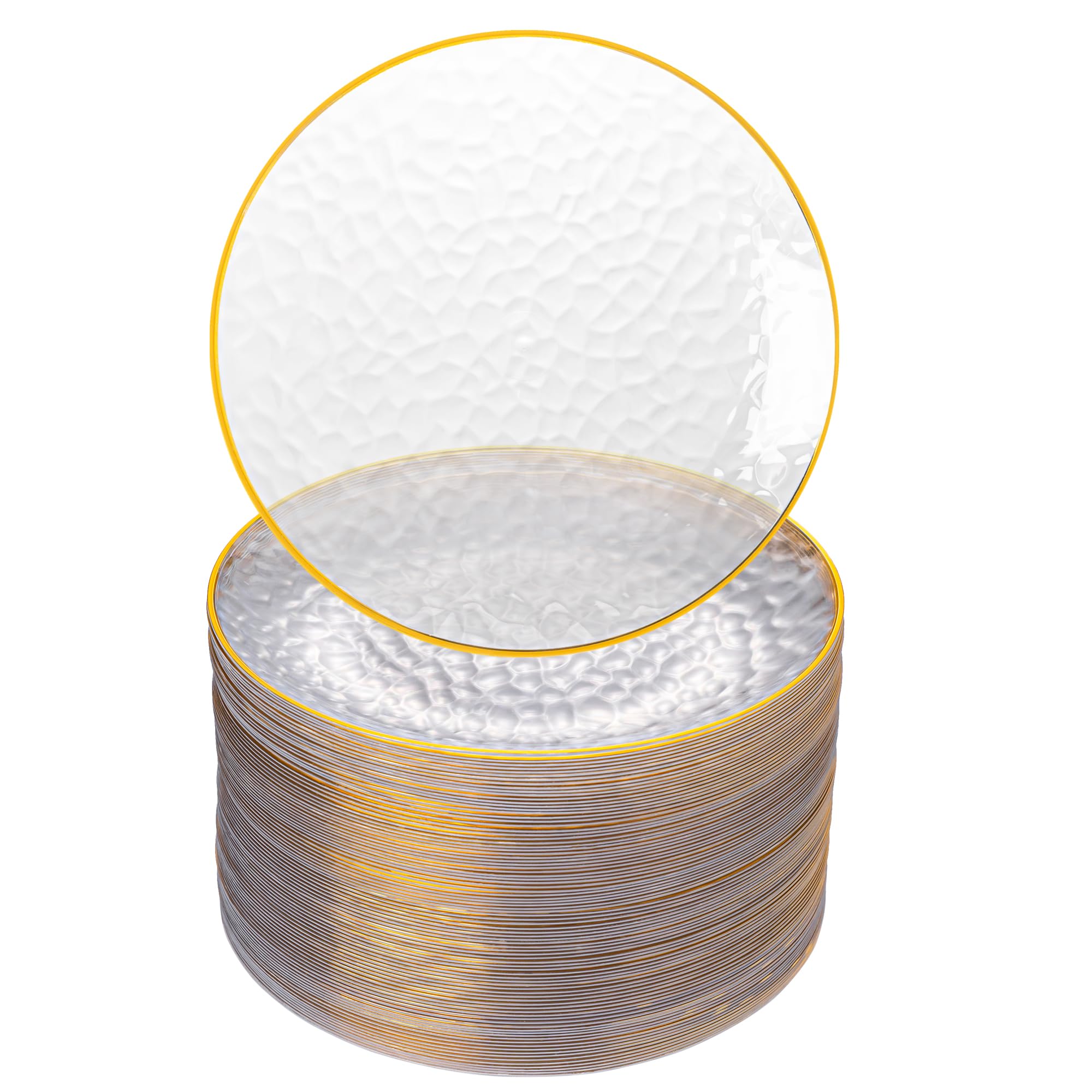 Photo 1 of NZVCN 100 PCS Hammered Gold Rim Dessert Plates, Premiun Heavy-Duty Clear Disposable Party Plates, 7" Salad Plate for Party, Wedding