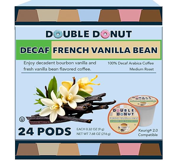 DOUBLE DONUT DECAF FRENCH VANILLA COFFEE PODS, MEDIUM ROAST SINGLE SERVE FRENCH VANILLA BEAN DECAF FLAVORED COFFEE PODS FOR KEURIG K CUP BREWERS, 24 COUNT