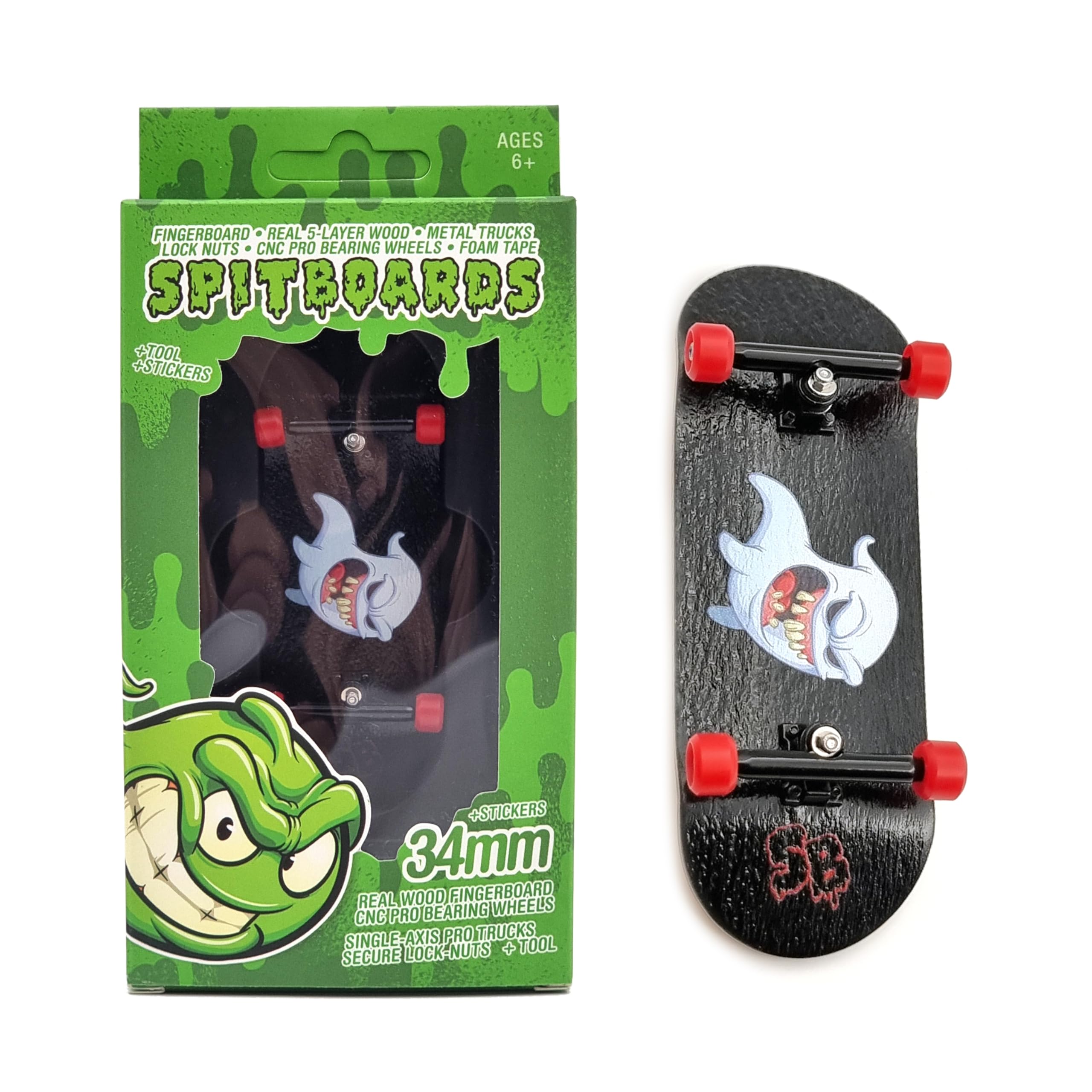 SPITBOARDS Pro Fingerboard Set-Up (Complete) | Real Wood Deck | Pro Trucks with Lock Nuts and Bushings | Polyurethane Wheels with Bearings | Ghost 'Boo'