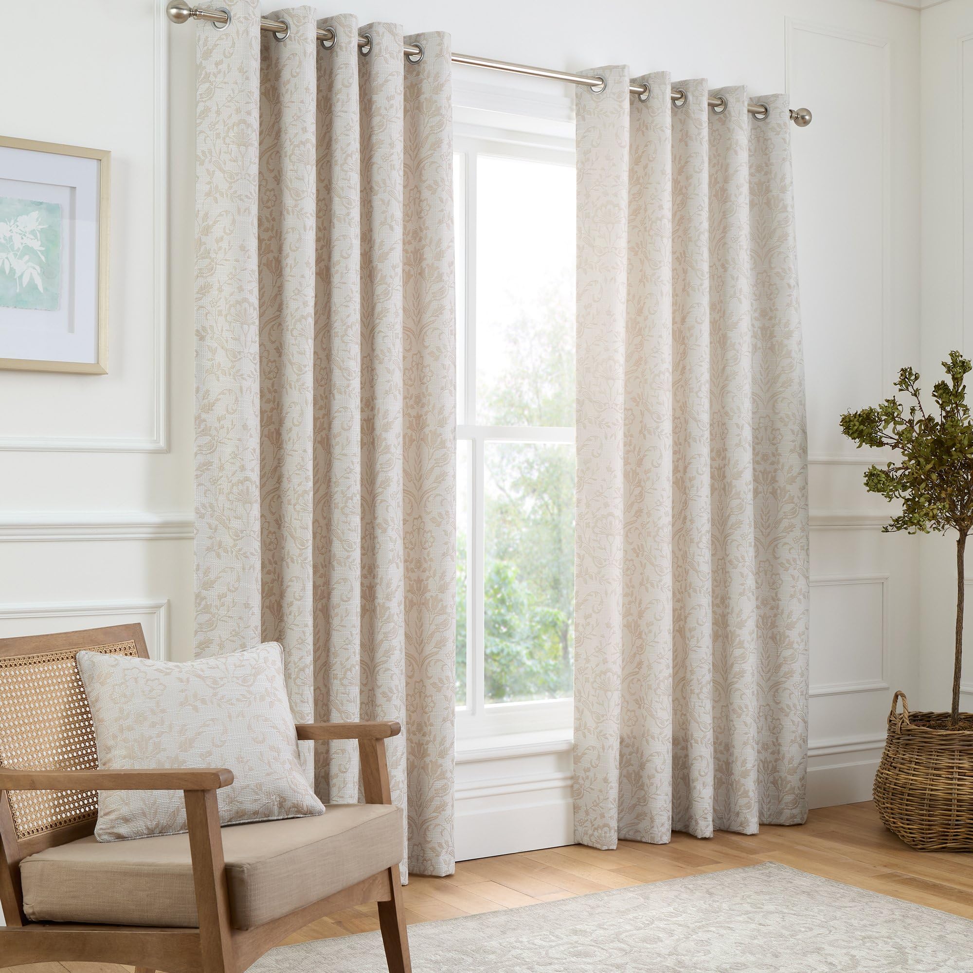 Curtina - Natural Linen Floral & Bird Woven Curtains W66 x L90" (168 x 229cm) - Cream Eyelet Curtains with Flowers - Traditional Curtains & Drapes for Living Room & Bedroom - Jacquard Thermal Curtains