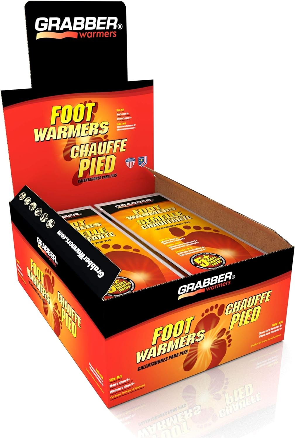 Grabber Insole Foot Warmers - Long Lasting Safe Natural Odorless Air Activated Warmers - Up to 5 Hours of Heat - 30 Pair - Medium/Large: Sports & Outdoors