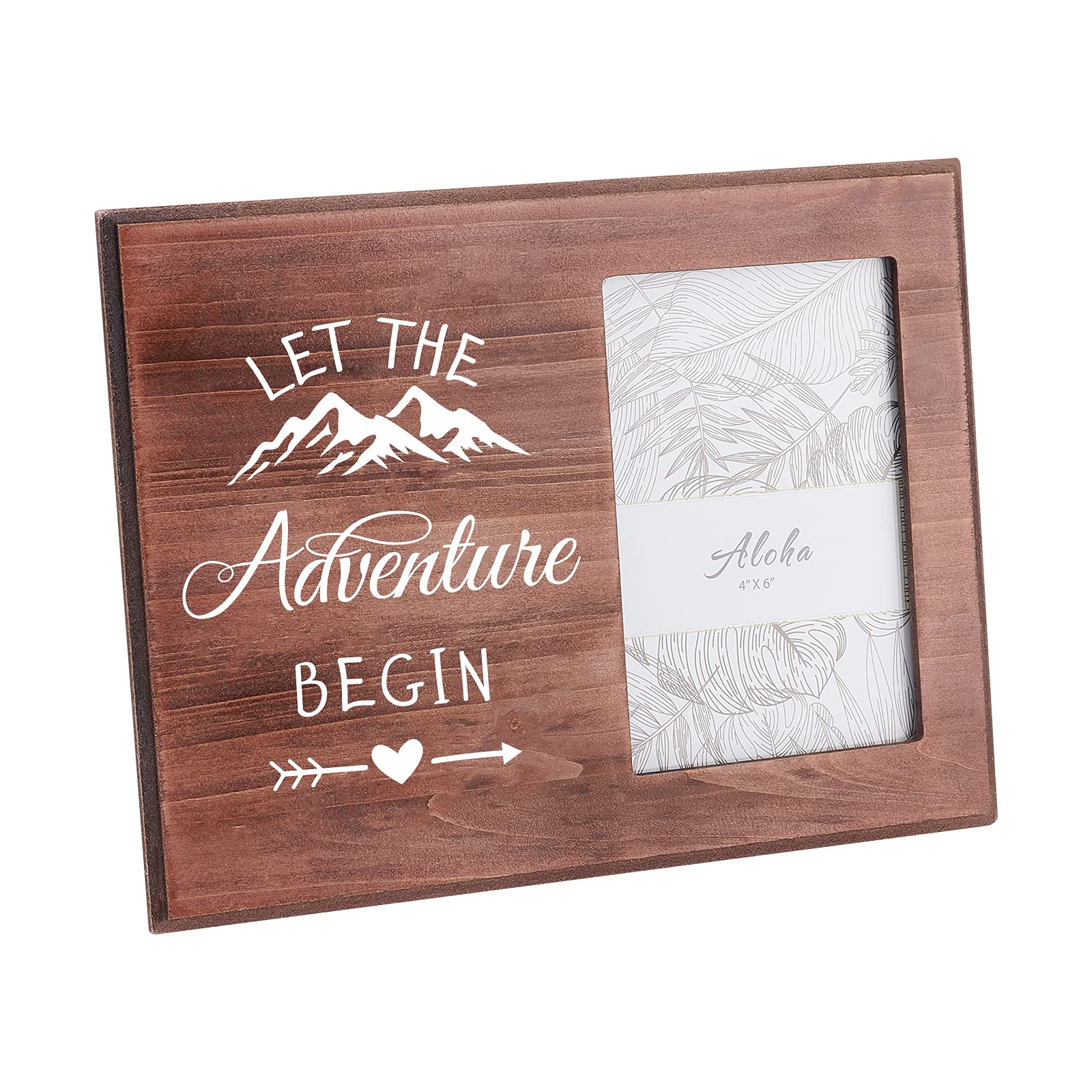 FINGERINSPIRE 15X10cm Picture Frame Travel Picture Frame with Snow Mountain, Love Arrow Pattern Saddle Brown Wood Photo Frame with Let The Adventure Begin Words Valentine's Gift for Lover