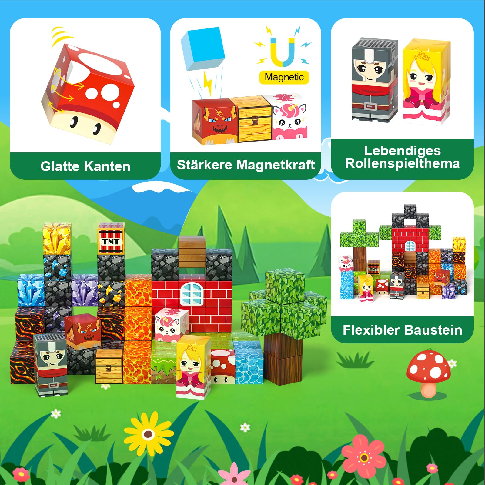 Magnetische Bausteine, 60PCS Reise Magnetic Building Blocks, Magnetisches Reise Spielzeug mit Eisenbox, Kreative Magnetsteine Würfel Spiel Spielzeug Geschenk ab 3 4 5 6 7 8 9+ Jahre Junge Mädchen 7