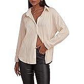 CHYRII Womens Textured Button Down Long Sleeve Shirt Casual Work Office Blouse Top