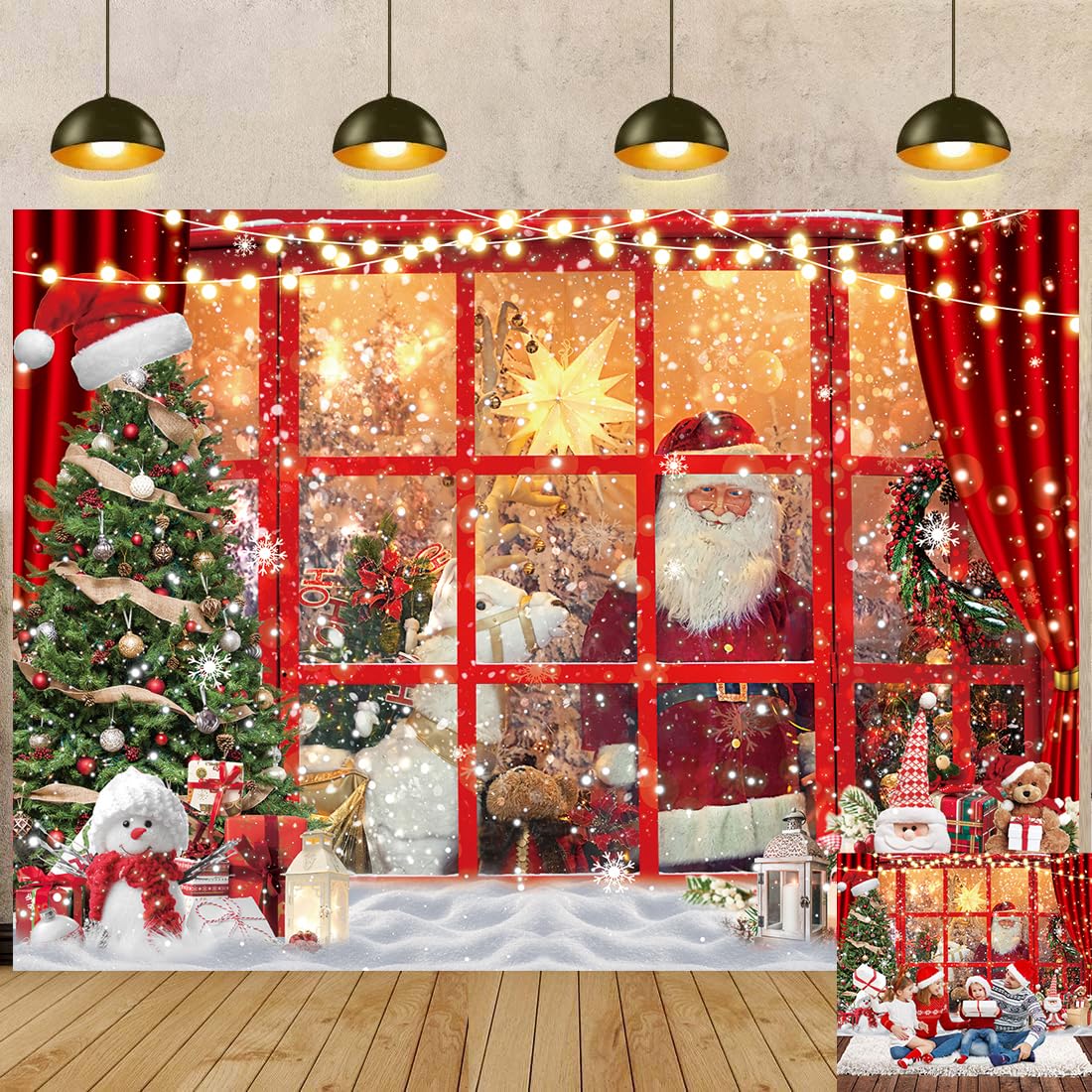 Christmas Santa Claus Backdrop Xmas Winter Shop Window Gifts Background Family Party Decorations Photo Booth Props 8X6FT
