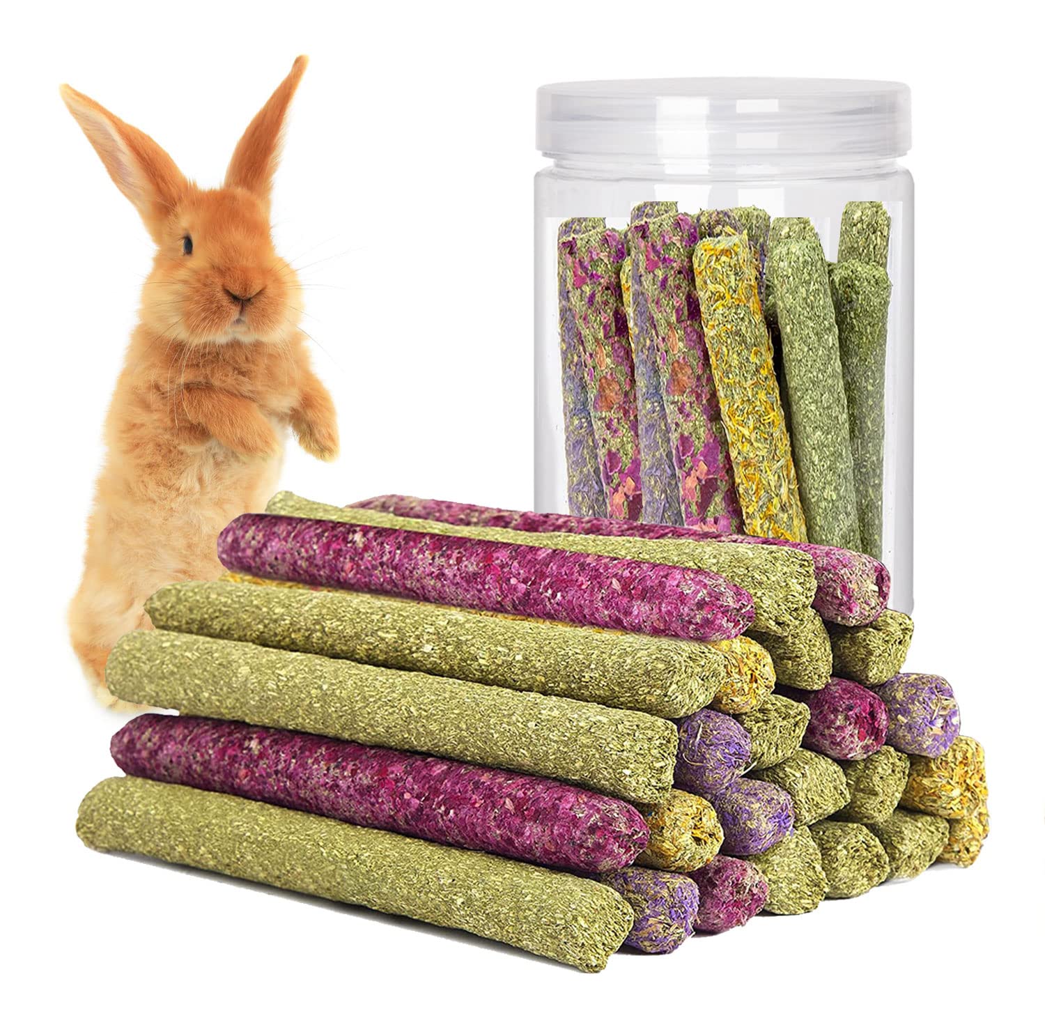 SUPERFA 30Pcs Timothy Hay Sticks, Rabbit Toys Boredom Breaker, Multiple Flavors of Rabbit Chew Toys, Suitable for Small Animals to Chew Treats, A Toy for Rabbits, Hamsters, Gerbils and Guinea Pigs