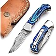 Forgemen FM807 Pocket knife, Folding Clip Damascus Handmade Custom for Men Cool Good Camping Hunting Fishing & s Activities EDC Knives Leather Sheath Knife., Blue (Blue)
