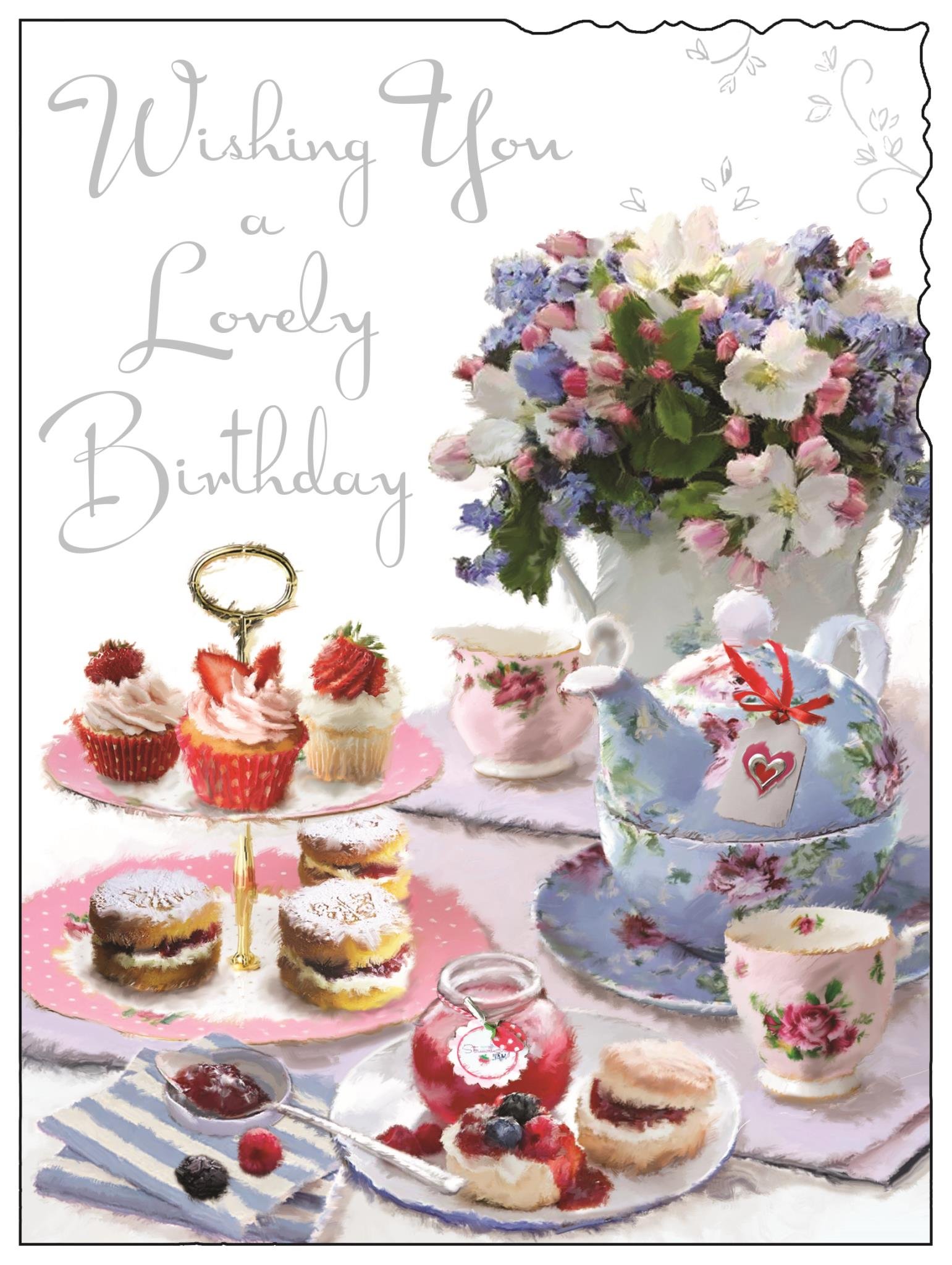 Greeting Card (JJ4412) Female Birthday - Afternoon Tea - Foil and Flittered Finish