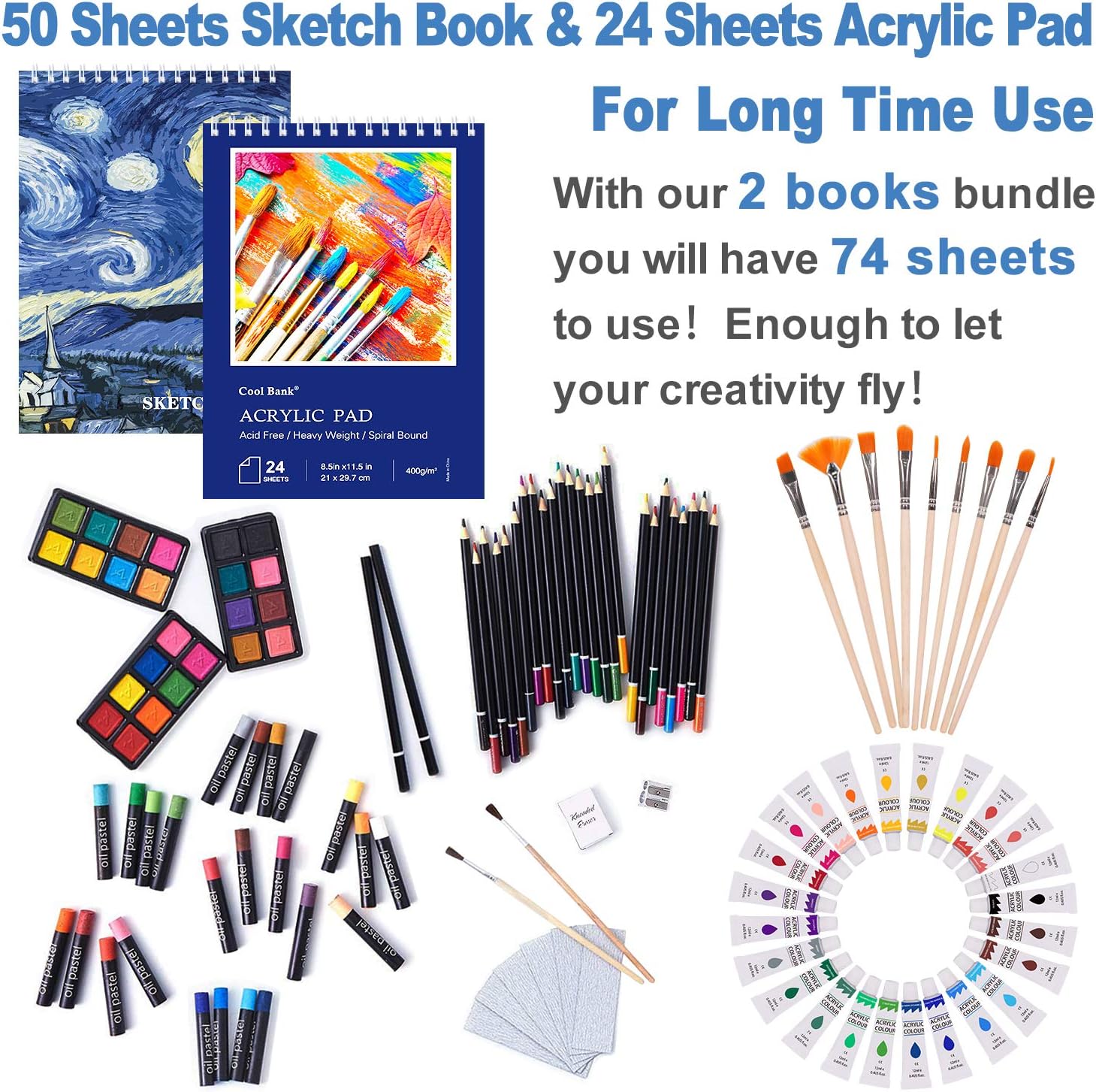 126 Piece Art Set with 2 Drawing Pad, Art Set in Portable Wooden Case, Crayons, Oil Pastels, Colored Pencils, Acrylic Paints, Watercolor Cakes, Brushes, Art Supplies