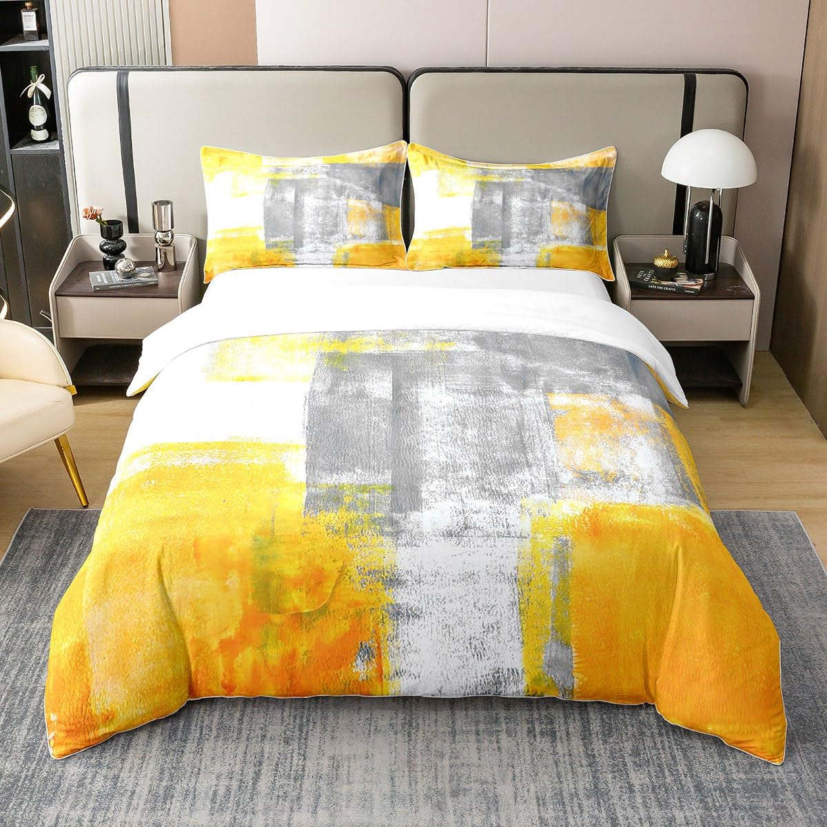 100% Washed Cotton Yellow Watercolor Duvet Cover,Tie Dye Bedding Set for Men Women,Abstract Art Comforter Cover King,Graffiti Ombre Bed Sets with 2 Pillow Bedroom Decor