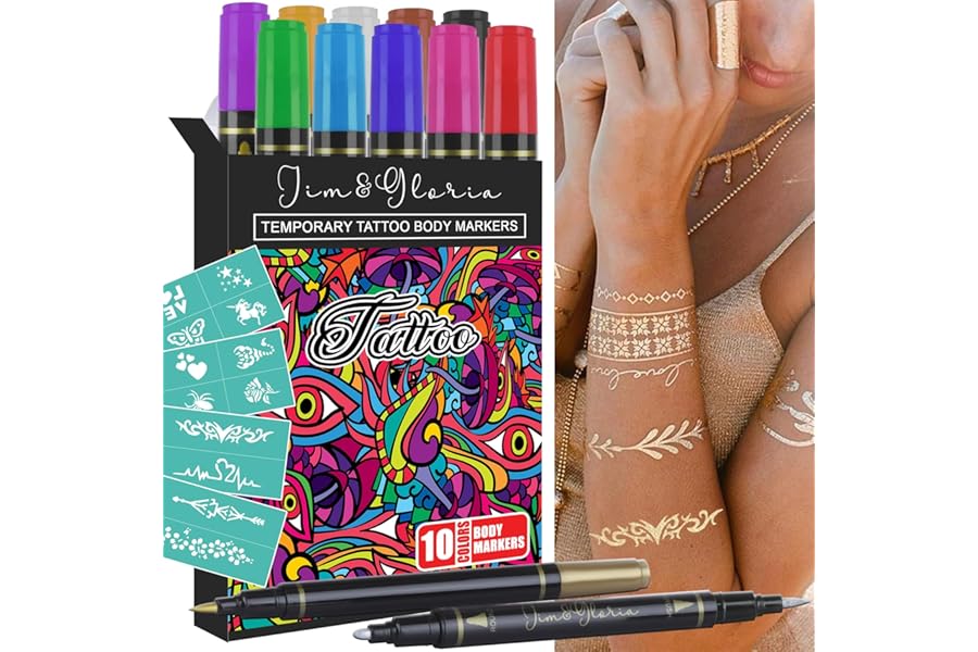 Jim&Gloria Body Art Tattoo Pen Dual Tip 10 Colors with GOLD SILVER Temporary Tattoo Markers Skin Pen Body Markers Skin Marker Face Paint Kids Teen Girl Gifts Trendy Stuff 8 9 10 11 12 13 14 Years Old