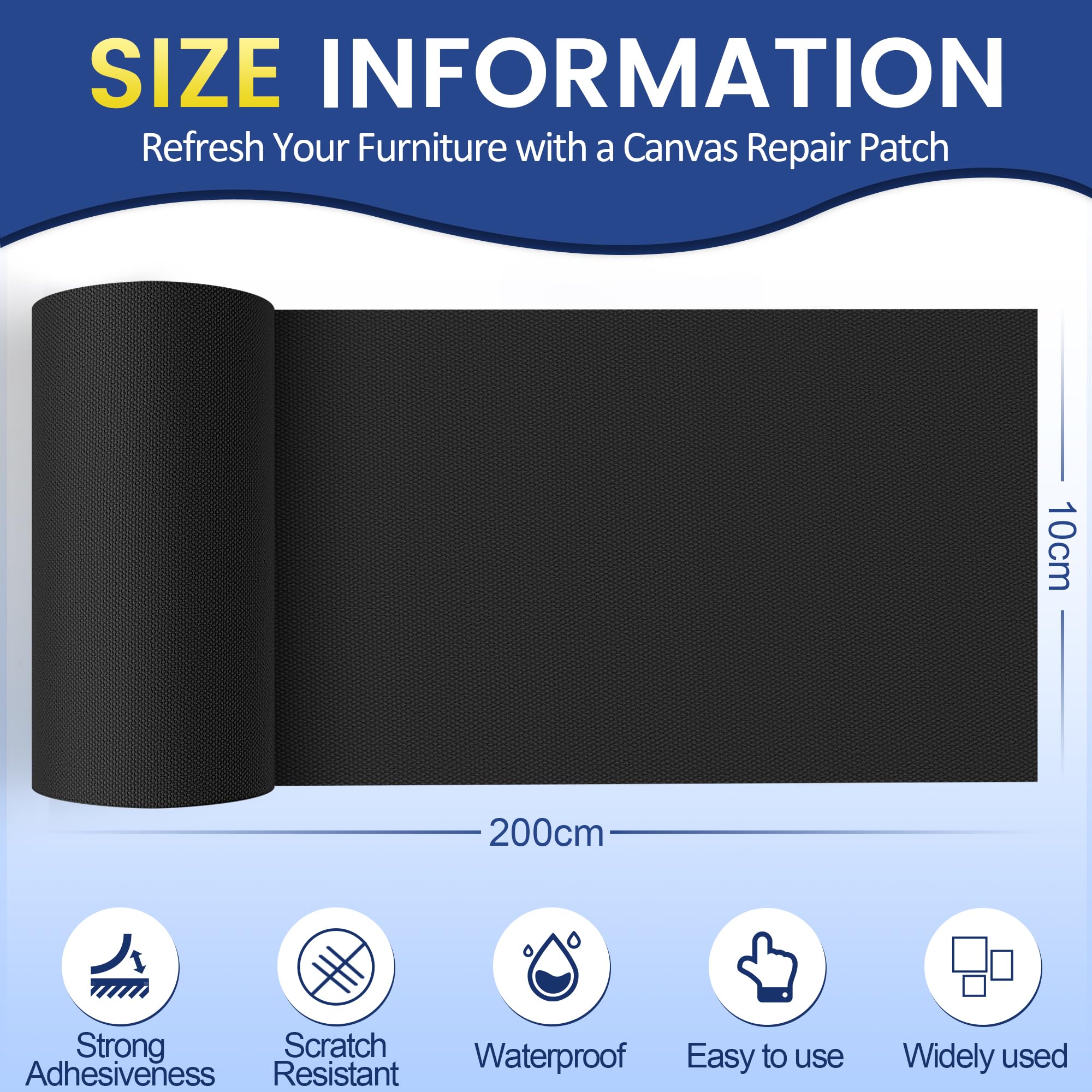 Toppe Adesive per Tessuti Nero, 10x200cm Impermeabile Tessuto Adesivo per Riparazioni, Patches di Tessuto in Tela per Tende, Coperture per Barche, Divani, Sedie