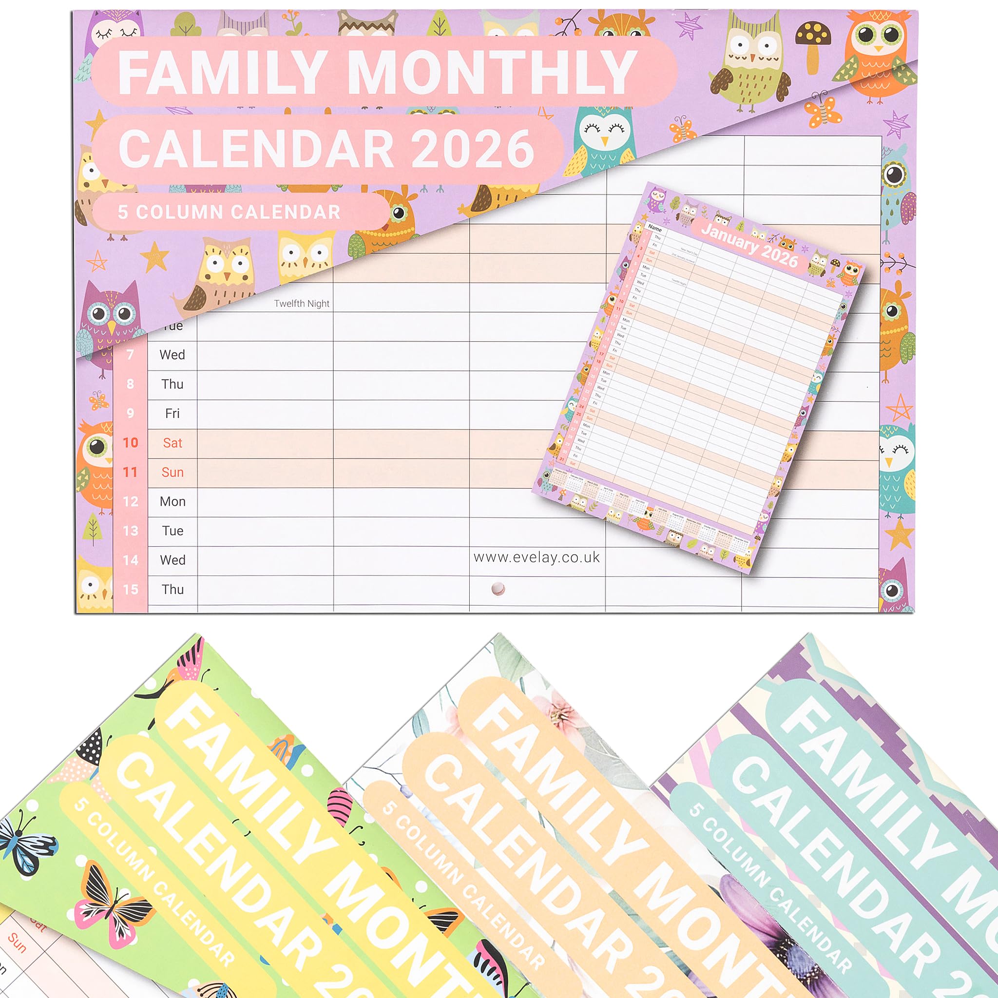 evelay 2026 Family Calendar Month to View 5 Columns A3 When Open Hanging Wall Planner Organiser (Owl)