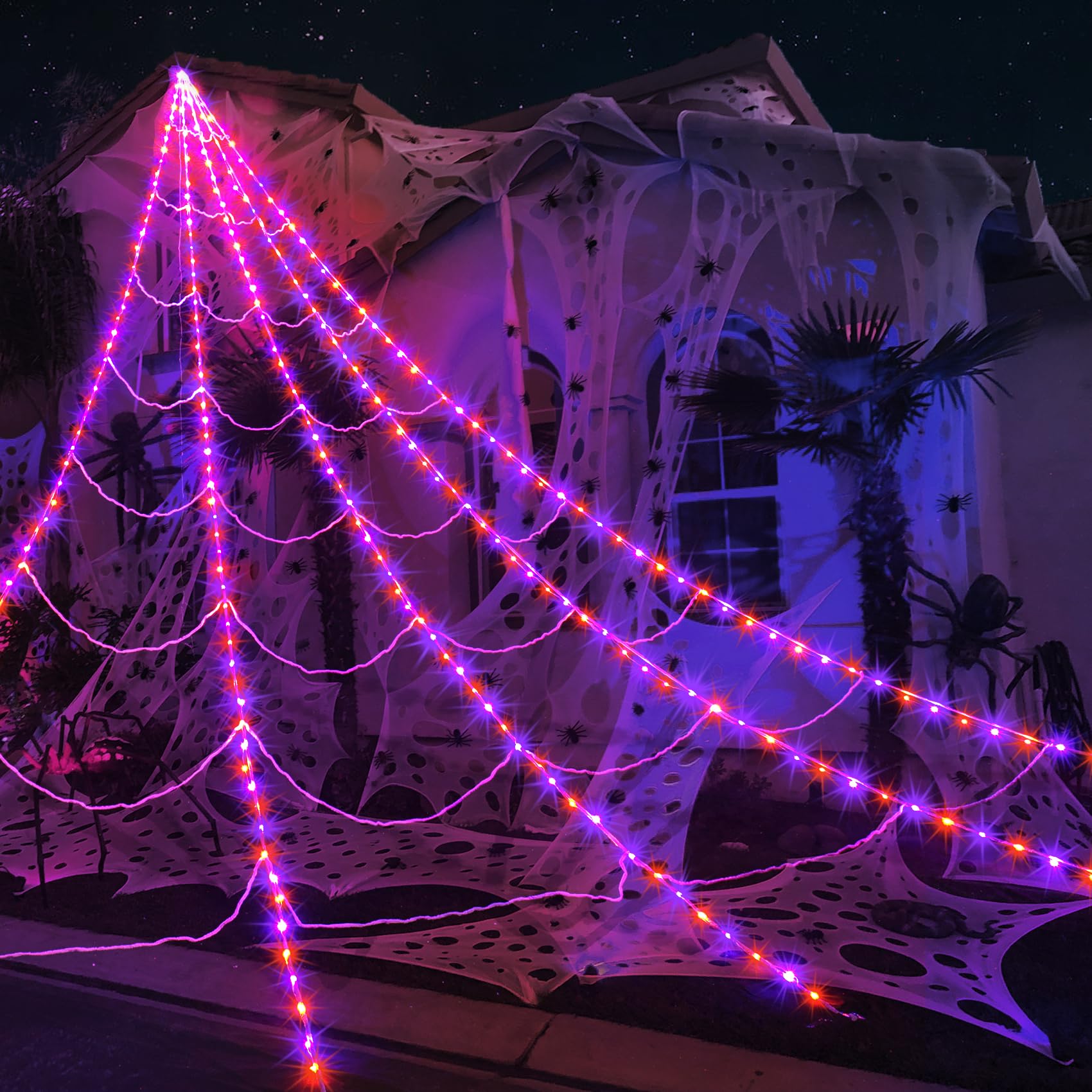 Photo 1 of Halloween Spider Web Lights 290 LED Lighted Spider Web Giant 23 Ft Halloween Decorations Light up with 8 Lighting Modes Waterproof & Timer for Outdoor Indoor Yard Haunted House Decor, Purple & Orange