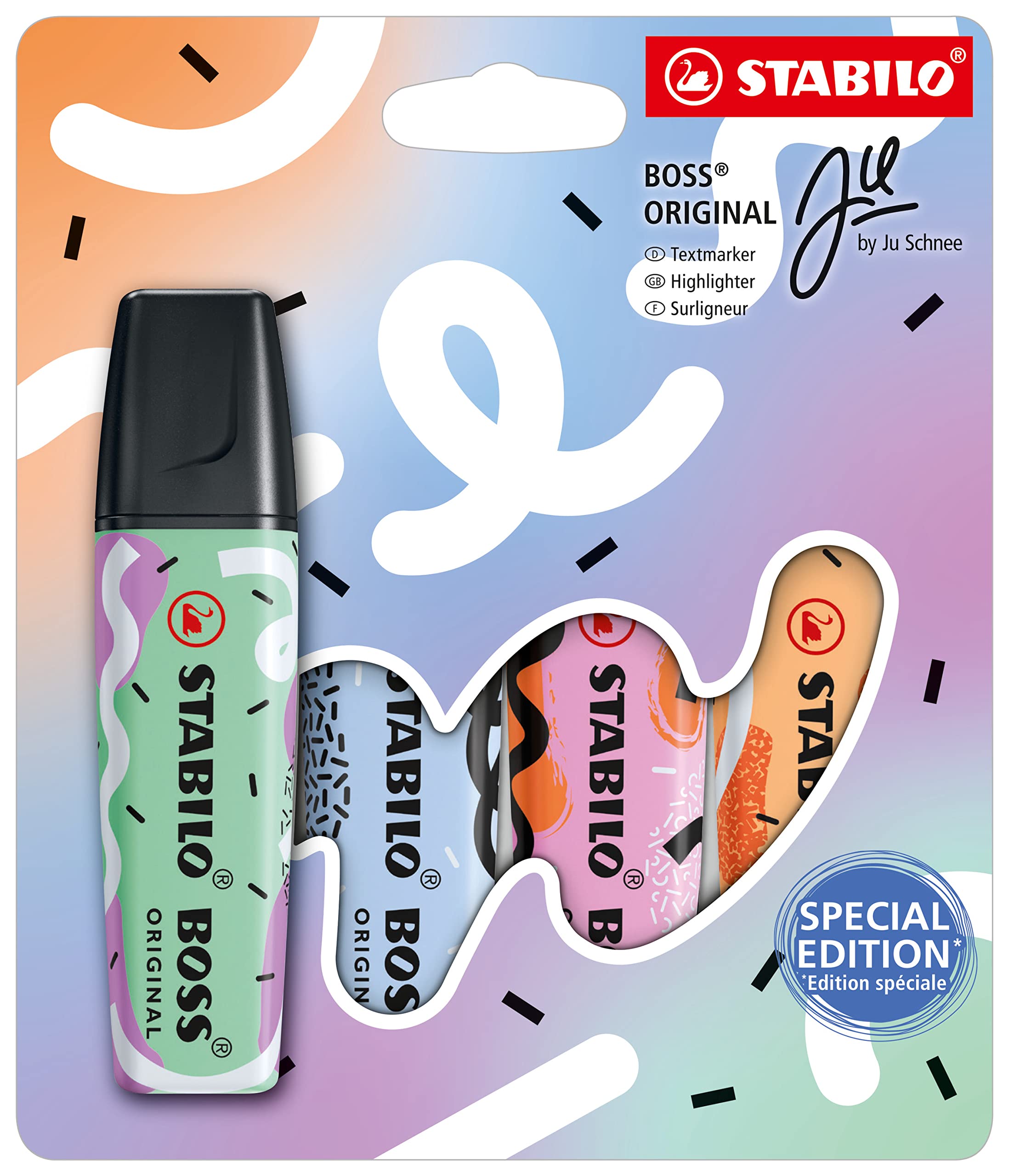 STABILO BOSS ORIGINAL by Ju Schnee - Highlighter - Pack of 4 - Hint of Mint, Cloudy Blue, Frozen Fuchsia, Pale Orange