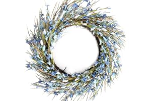 Bibelot 18inch Artificial Forsythia Flower Wreath, All Year Around Wreath for Front Door, Wedding Window Home Wall Indoor Front Door Decor (Blue, 18in)