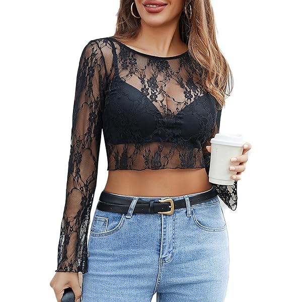 Women's Floral Lace Sheer Crop Top - Off Shoulder Long Sleeve Blouse With Double Lining