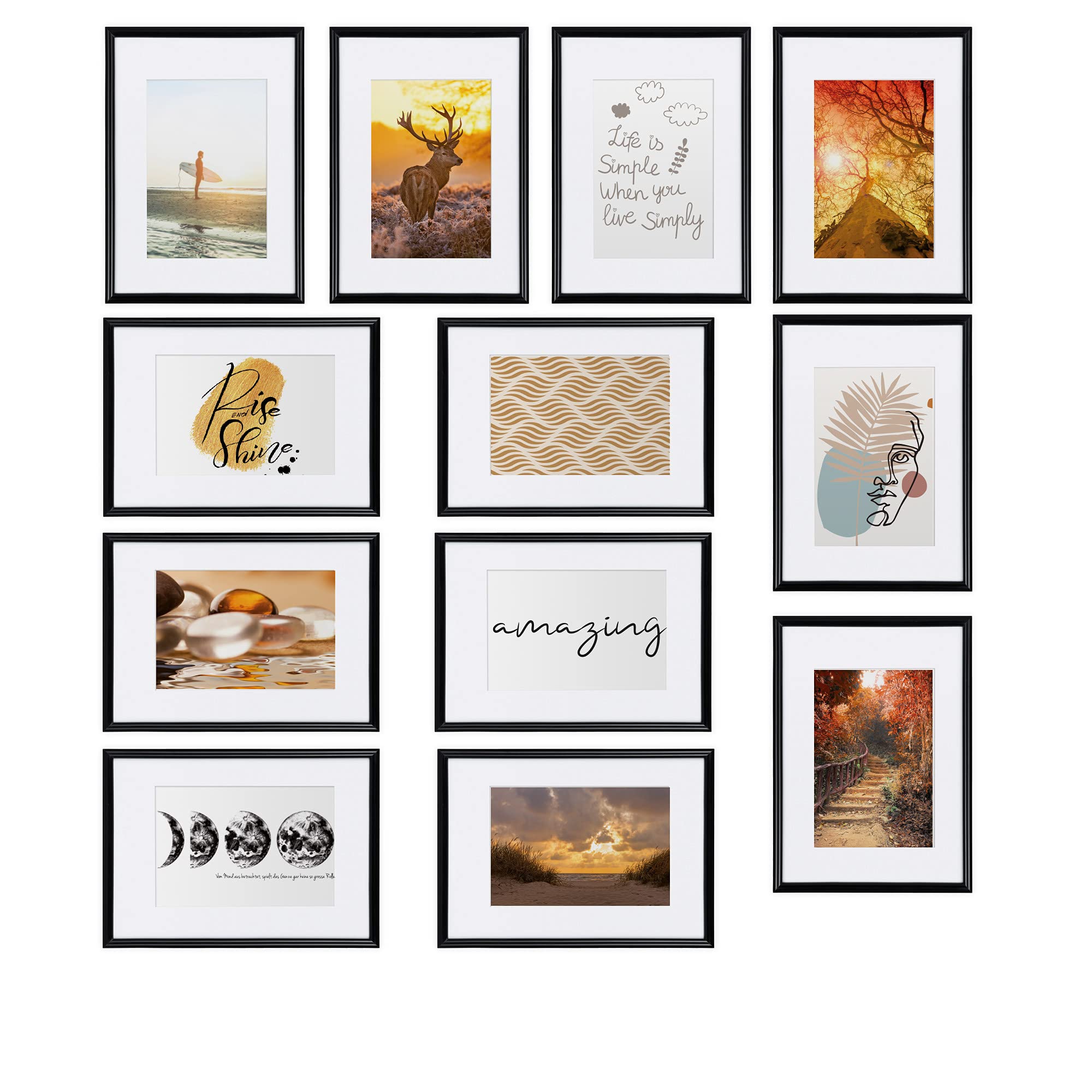 bomoe 12pcs Wall Collage Set Sunlight - Hanging Photo Frame Set for 13x18 cm Picture Collage for Photo Picture Print Plastic Frame with Passepartout – Black