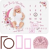Baby Monthly Milestone Blanket, Precise Hour Moments with Knitted Hat,51”L x40”W,Recording 1 to 12 Months Moments,Thicker Extra Soft Flannel,Best Photography for Newborn,Baby Girl(Pink Flower)