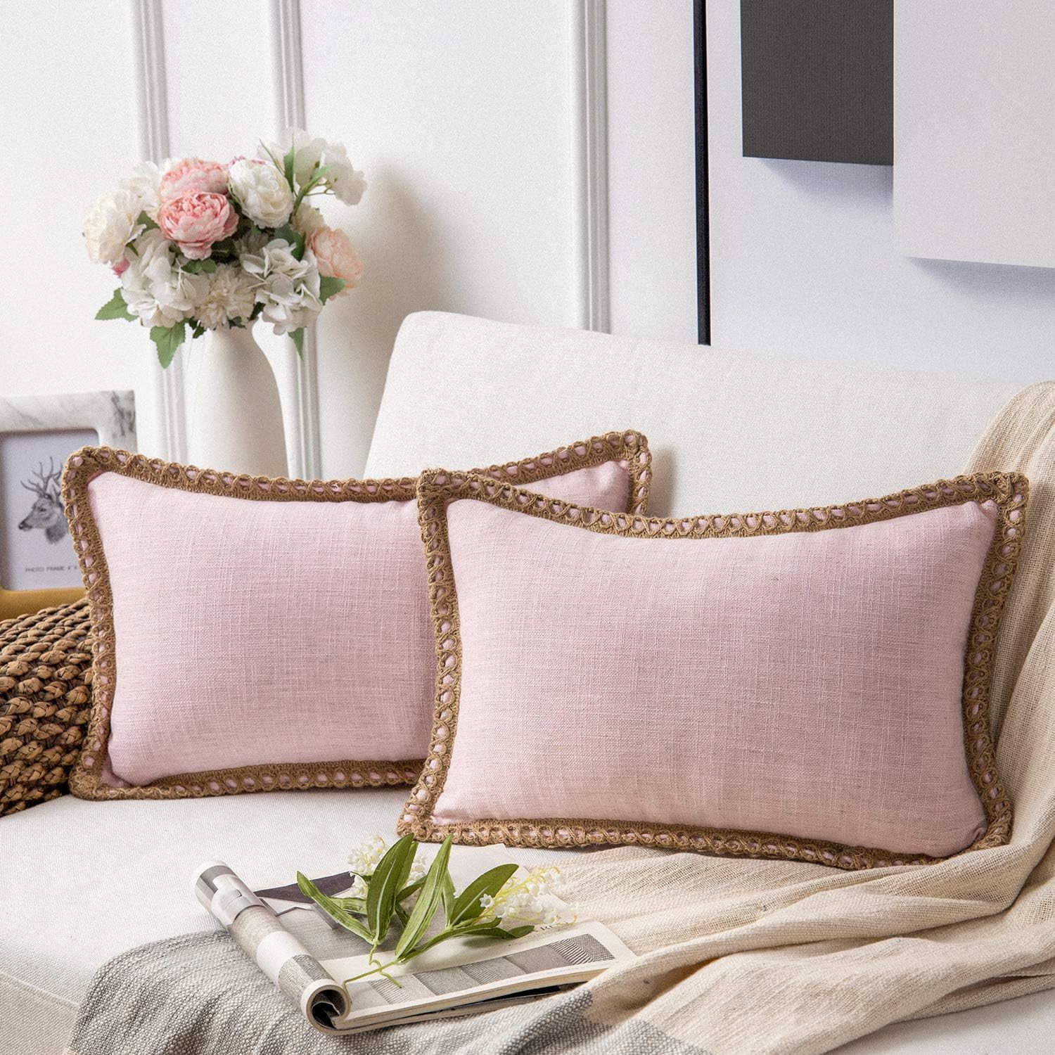 Phantoscope Pack of 2 Farmhouse Decorative Throw Pillow Covers Burlap Linen Trimmed Tailored Edges Light Pink 12 x 20 inches, 30 x 50 cm