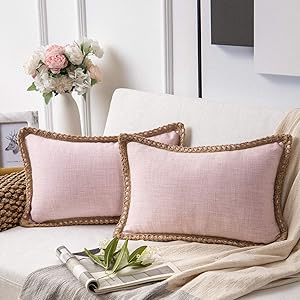 Phantoscope Pack of 2 Farmhouse Decorative Throw Pillow Covers Burlap Linen Trimmed Tailored Edges Light Pink 12 x 20 inches, 30 x 50 cm