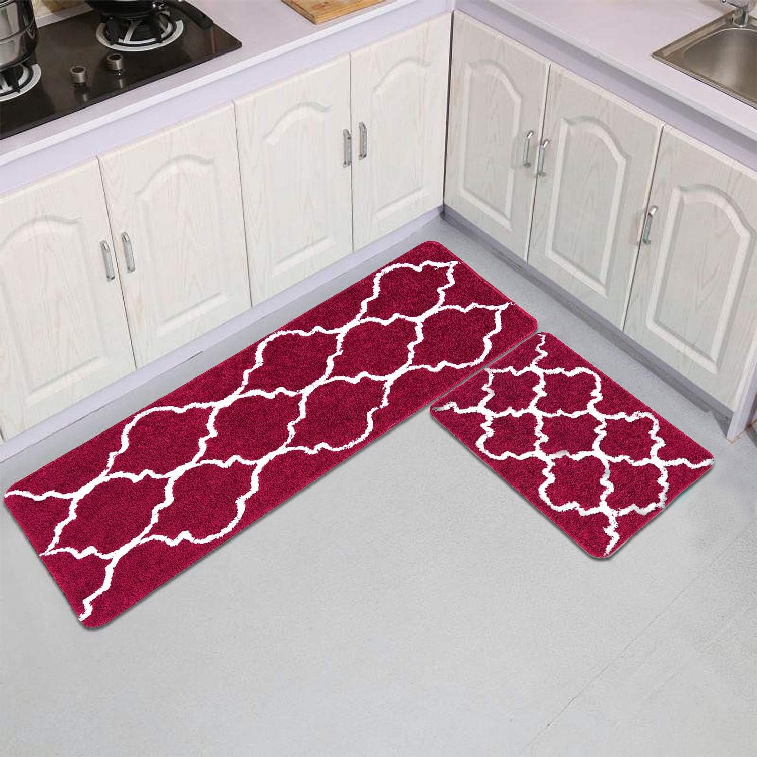 Area Rugs Kitchen Mats Moroccan Trellis Burgundy Red Kitchen Runner Rugs Soft Bath Rugs Set of 2 No-Slip Indoor Outdoor Mat 17 × 48 Inches and 17 × 24 Inches Area Runner for Entryway Bedroom Kitchen