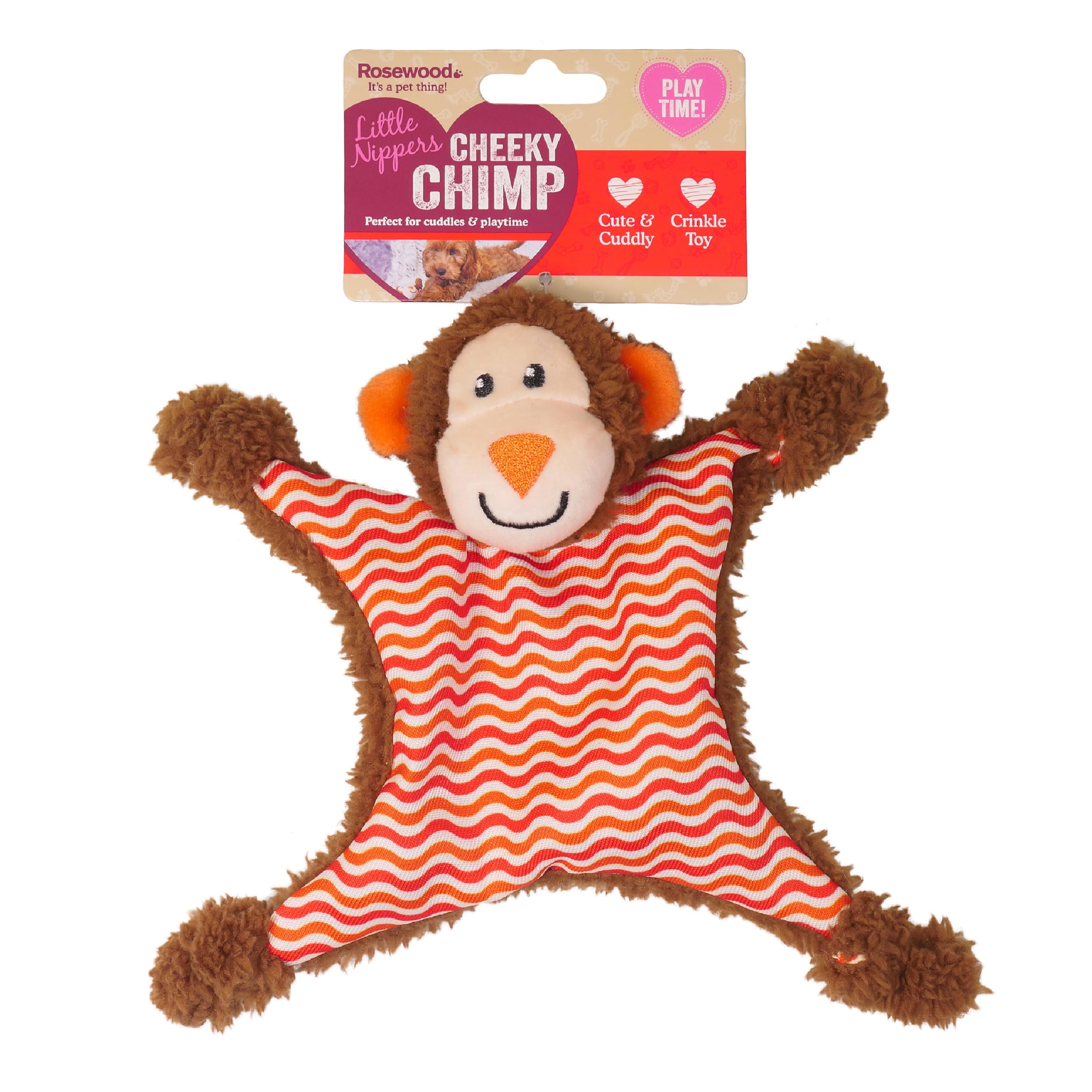 Rosewood Little Nippers Cheeky Chimp Puppy Toy – Enriching Soft Plush Dog Toy with Flat Body – Crinkle and Squeak Teething Toy for Puppies – Small Dog Chew Toy for Play and Comfort
