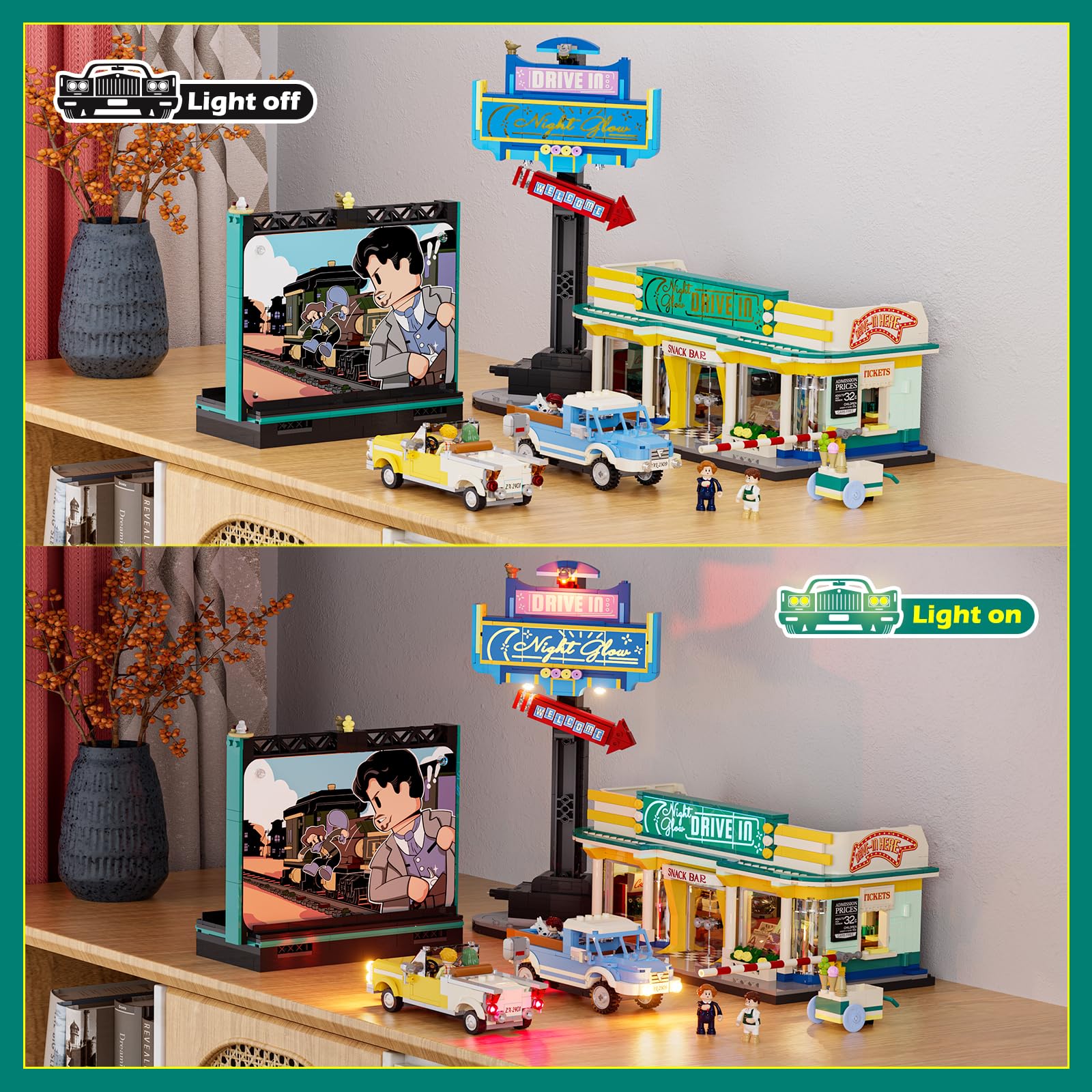 Lumibricks City Drive-in Theater Baustein-Set mit LED-Beleuchtung – 1760 Teile Retro-Auto-Kino-Modell mit Leinwand, Werbetafel & 2 Vintage-Fahrzeugen, Geschenk für Erwachsene, Jugendliche & Sammler 2