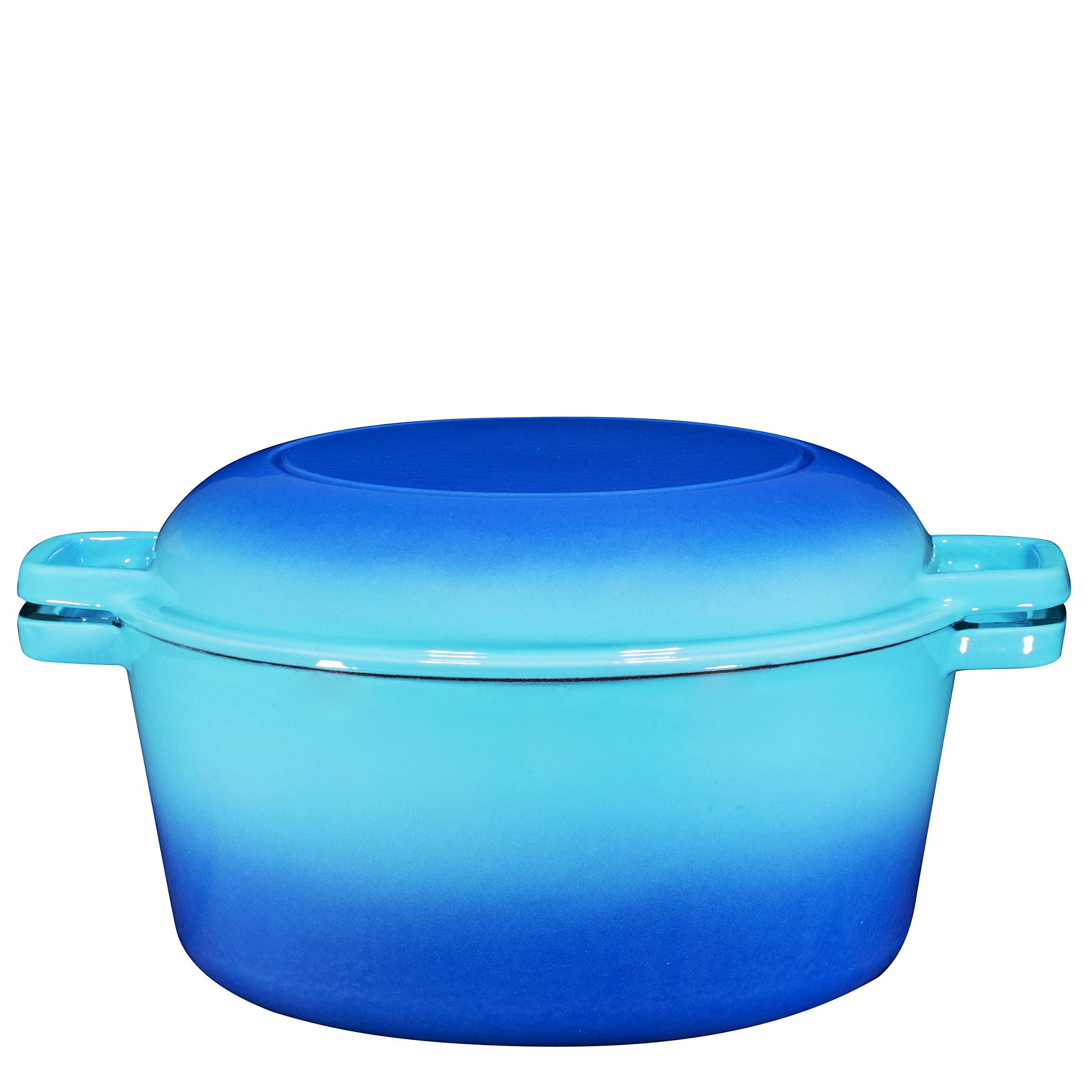 Bruntmor 2-in-1 Enamel Cast Iron Dutch Oven With Handles - Crock Pot Caribbean Blue Cast Iron pot with Skillet lid - All-in-One Cookware Braising Pan for Casserole Dish - 5 Quart, Caribbean Blue