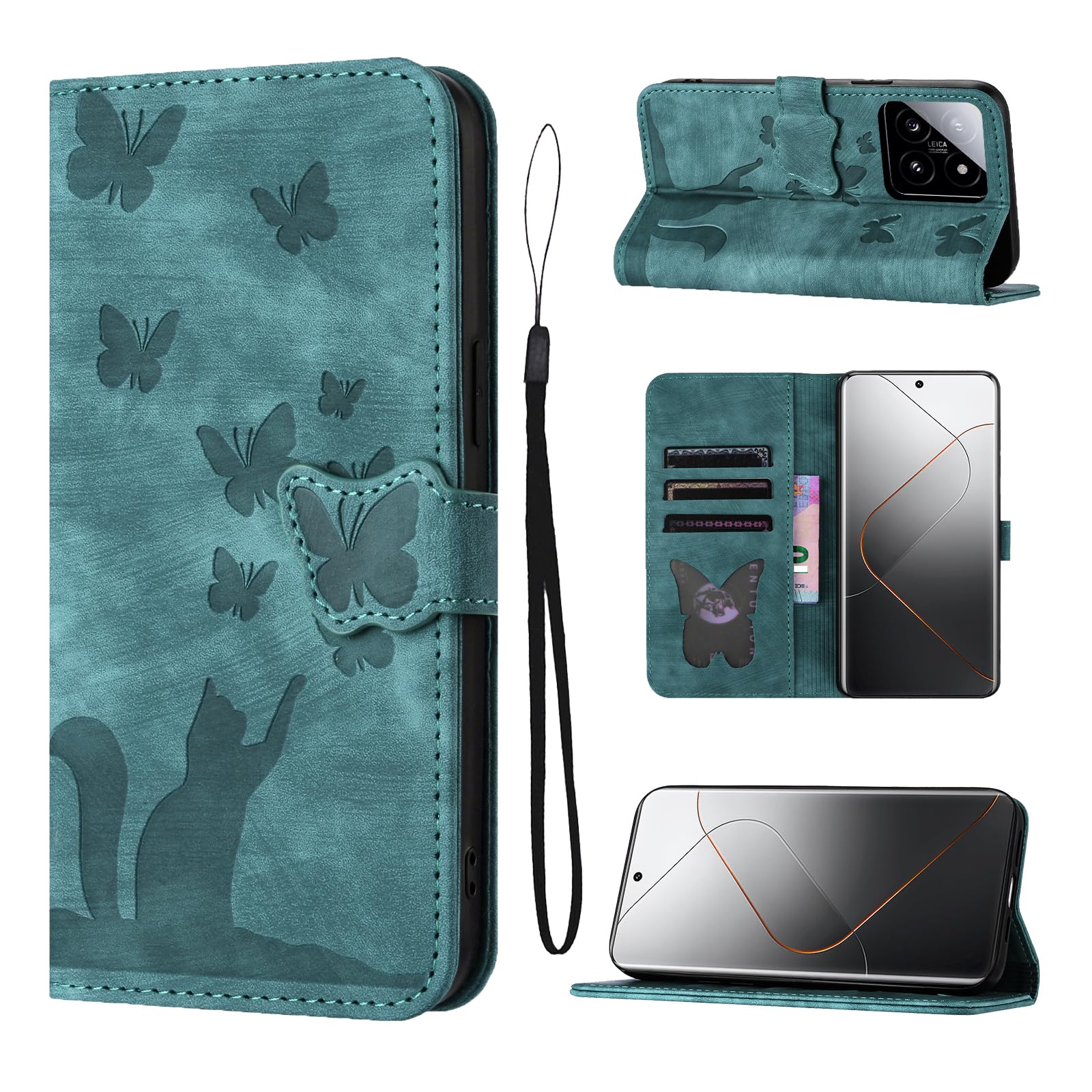 LSPCASA Case for Xiaomi 14 Pro PU Leather Flip Case with Card Slots Kickstand Cat Butterfly Pattern Protective Cover Compatible for Xiaomi 14 Pro Green — image 1