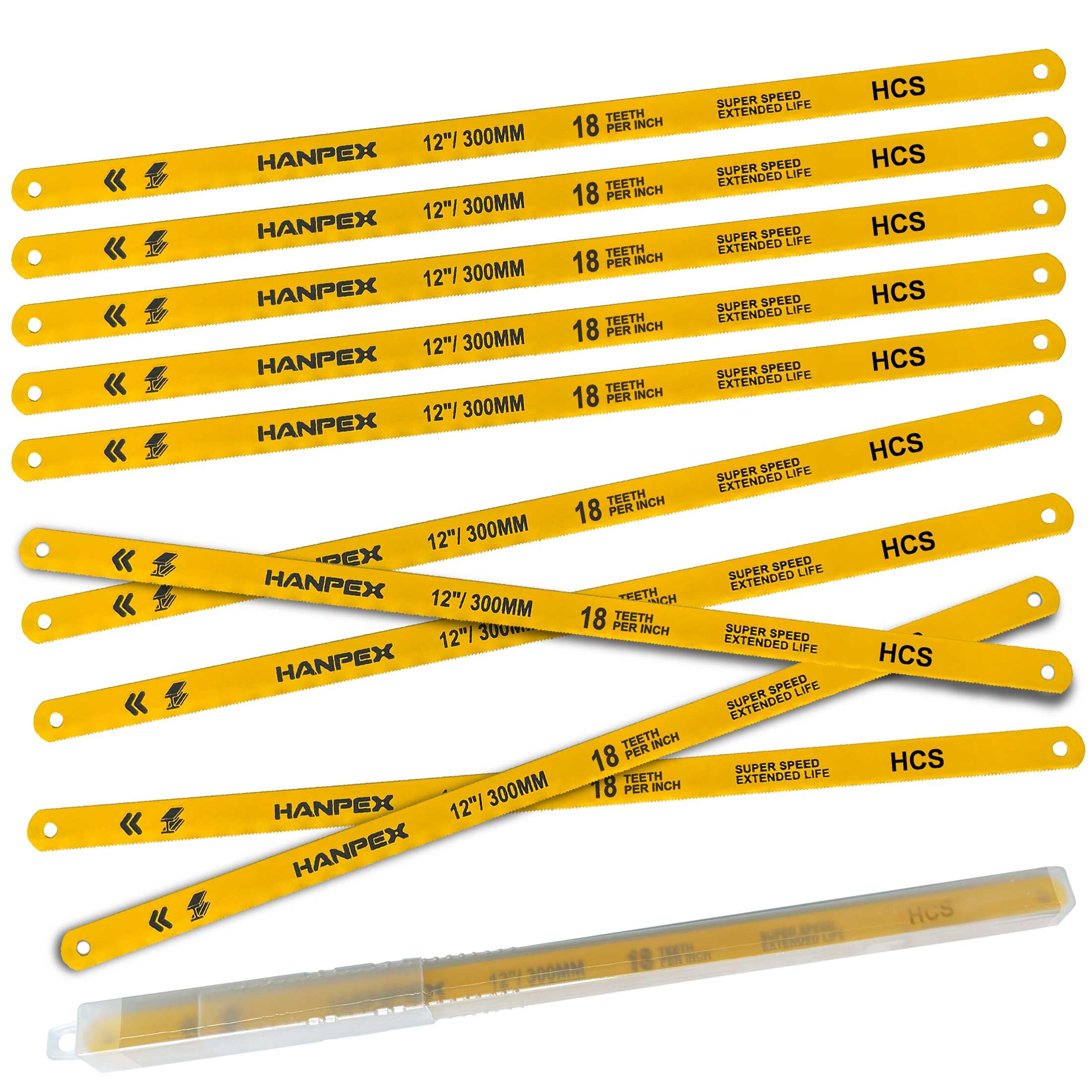 Hanpex 300mm Hacksaw Replacement Blades (10 Pack) High Speed 18 TPI - 12" Length Hack Saw Blade - High Carbon Steel (HCS) Cutting Blades