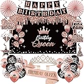 Birthday Decorations for Women, 33pcs Birthday Queen Crown and Sash, Black Rose Gold Happy Birthday Banner Balloons Backdrop Hanging Swirls Paper Fans Birthday Party Decorations Kit Gifts for Her