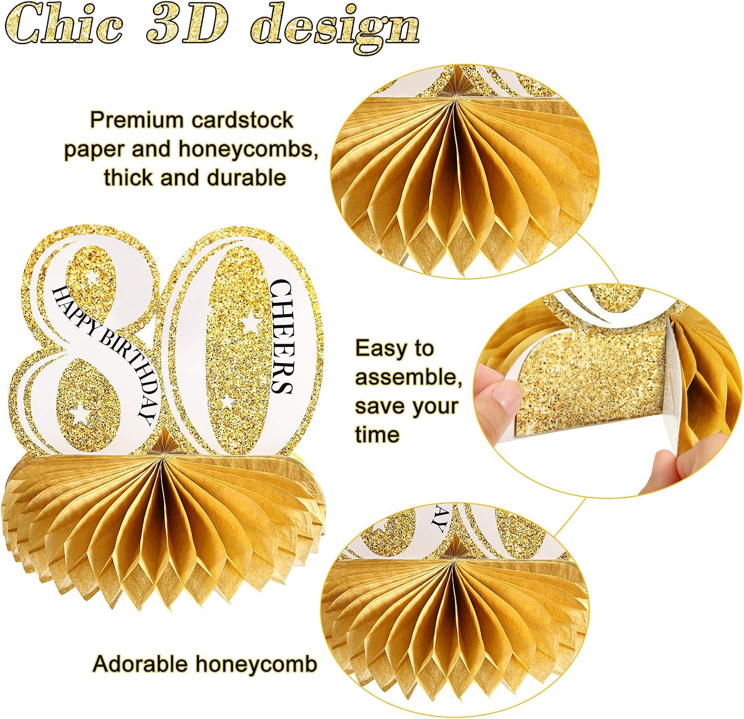 8 Pieces 80th Birthday Table Decorations for Men and Women Happy 80th Honeycomb Centerpieces Black Golden 1943 Aged Birthday Party Decorations Tables Toppers for Cheers to 80 Years Party Supplies - Image 4