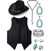 Suhine 9 Pack Western Outfits for Women Cowgirl Fringe Vest Boho Cowboy Hat Turquoise Jewelry Kit for Halloween Costume