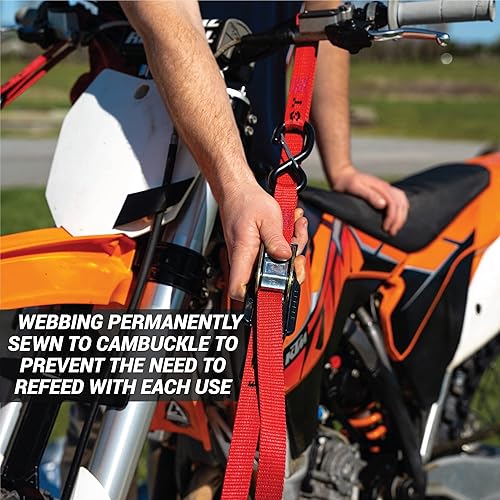 Heavy Duty Motorcycle Tie Down Straps With Soft Loops - 1" X 8' Cam Buckle Straps - 2 Pack