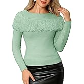 WLLW Women's Fringe Tops Juniors Boat Neck Sweater Long Sleeve Pullover Sweater Slim Fit Off Shoulder Sweaters