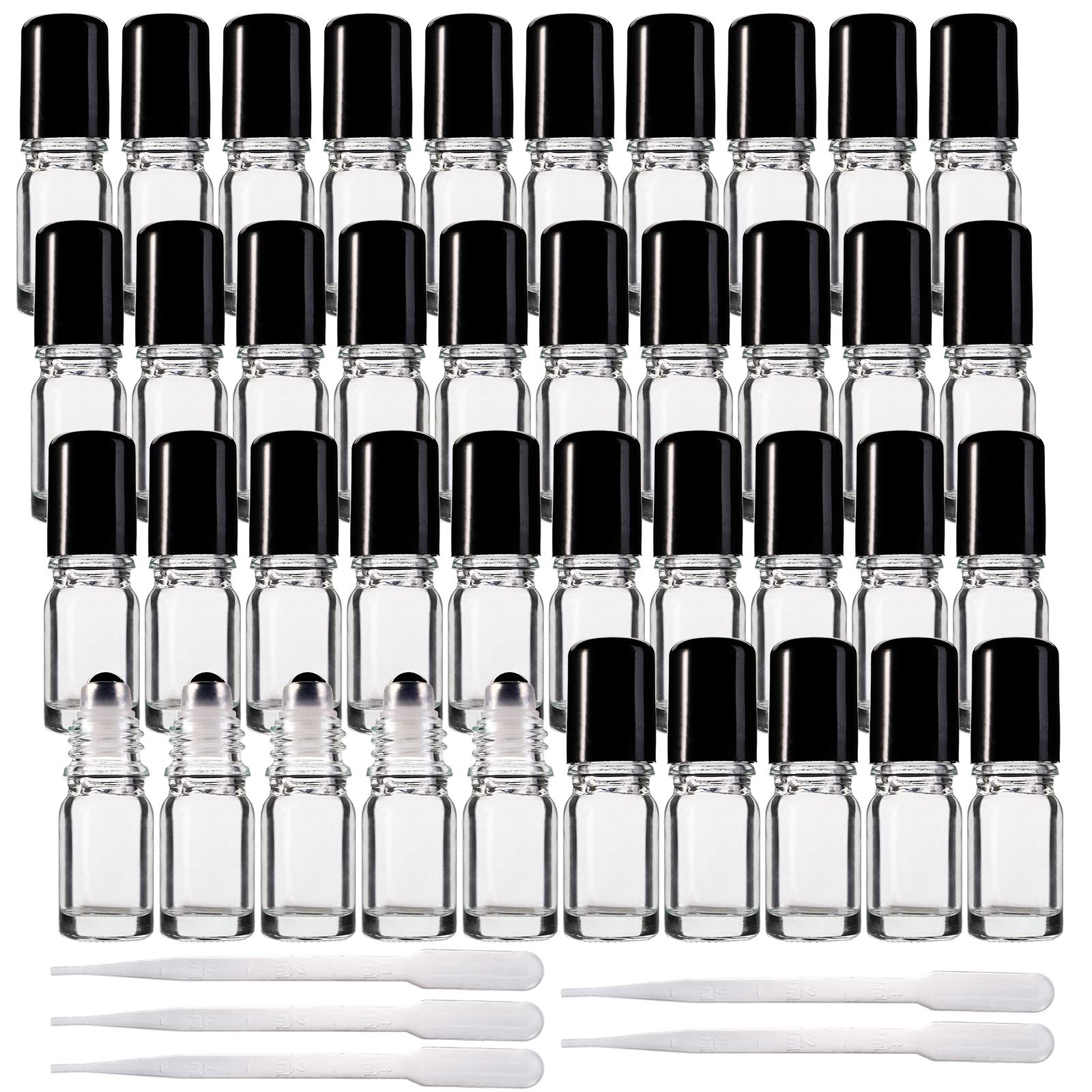 Jucoan 40 Pack 5ml Clear Glass Roll on Bottles, Refillable Essential Oil Bottles with Stainless Steel Roller Balls and 5 Droppers for Sample, Travel, DIY Cosmetic Containers