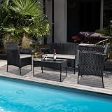 bigzzia Rattan Garden Furniture Set 4 Piece Patio Sofa Armchairs Table Black view 2