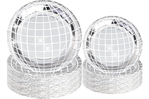 Fairooth Disco Paper Plates Silver Foil Disposable Plates Disco Ball Dessert Dinner Plates 70’s Party Paper Tableware for Rock Roll Dance Music Party Supplies 50 PCS 7", 9"