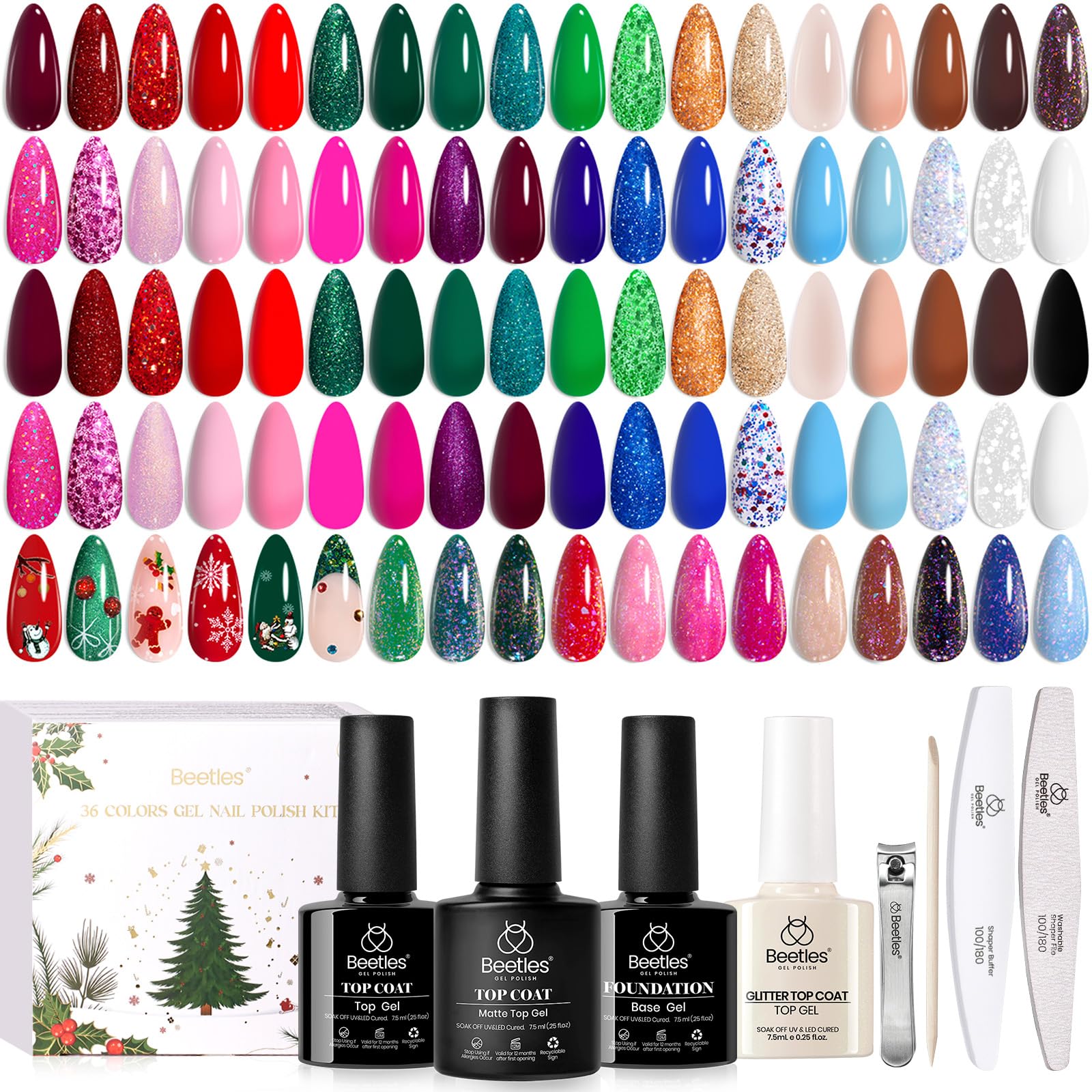 Beetles Gel Nail Polish Set – Spectrum Red Green Glitter Gel Polish, 36 Colors Soak Off UV LED Long Lasting Nail Gel Kit for Manicure Gifts for Women Image