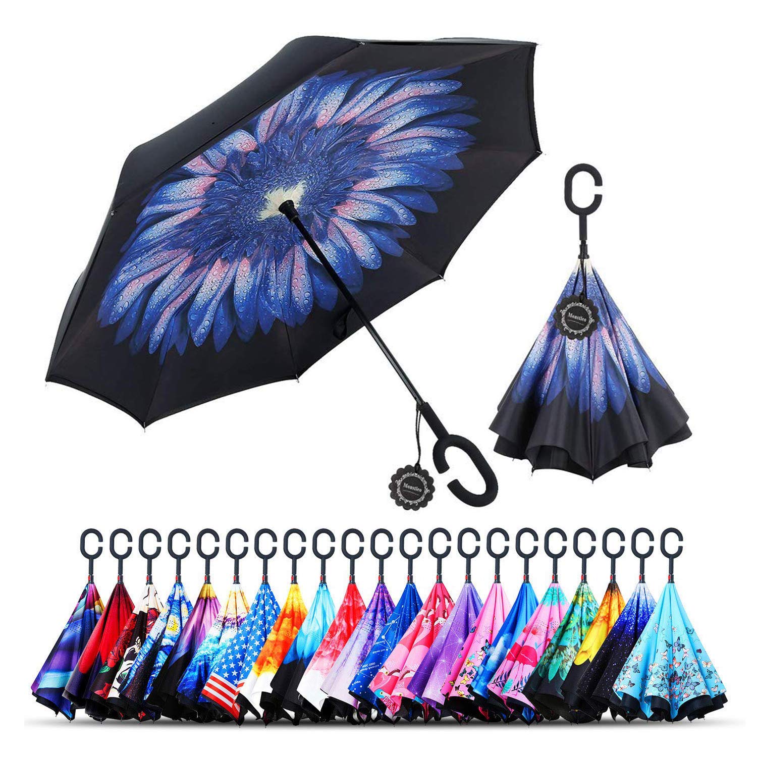 Inverted Umbrella,Double Layer Reverse Umbrella for Car and Outdoor Use by Monstleo, Windproof UV Protection Big Straight Umbrella With C-Shaped Handle and Carrying Bag