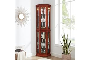 HomVent Corner Curio Cabinet with Lights, Glass Display Cabinet Display Case Storage Showcase w/Adjustable Shelves, Mirrored Back Panel ＆ Tempered Glass Doors for Living Room (Walnut, Corner Shape)