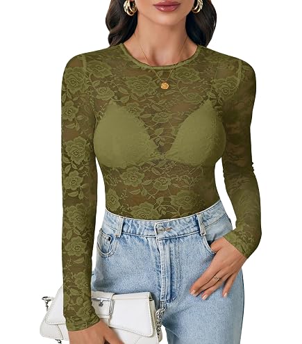 Women's Mesh Long Sleeve Tops - Mock Neck Sheer See Through Tee