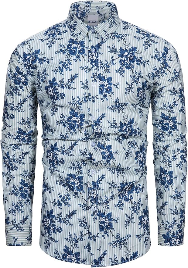 fohemr Mens Floral Shirt Casual Long Sleeve Flower Print Button Down